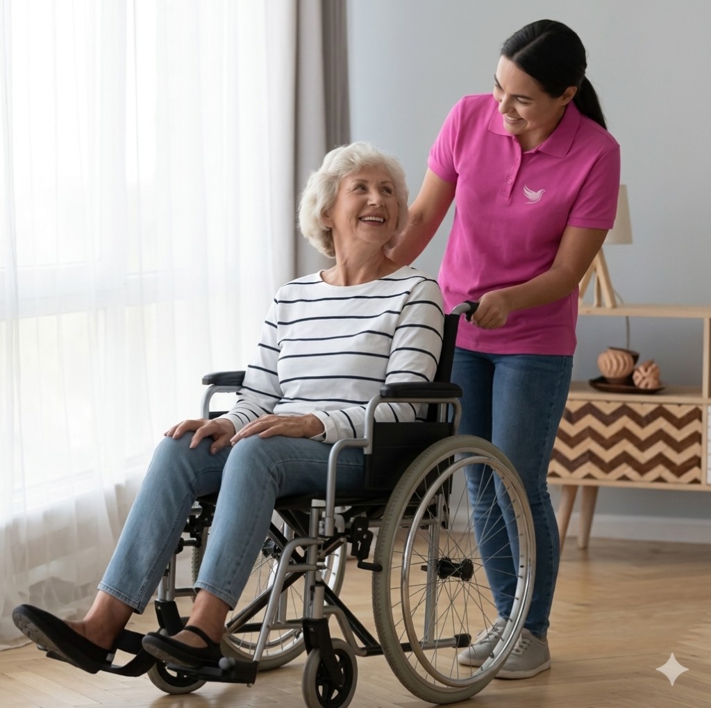 Caregiver in a pink shirt assisting a senior in a wheelchair indoors