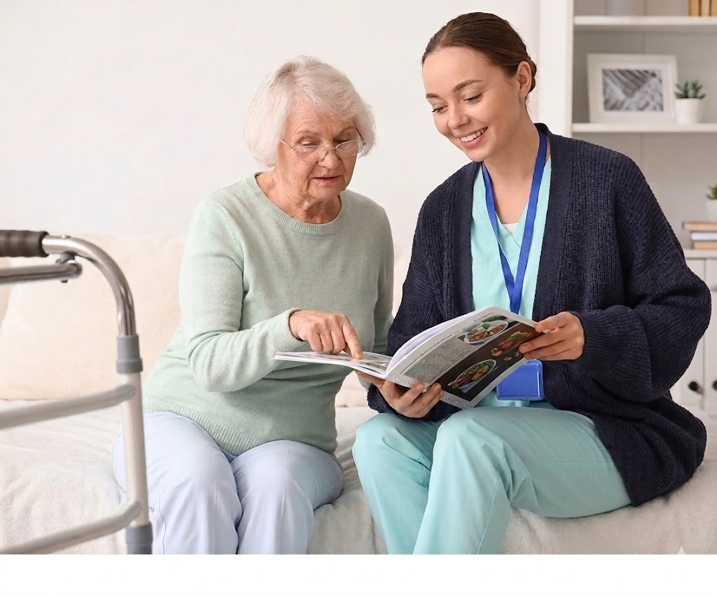 Caregiver and senior looking at a magazine together indoors
